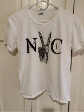 Lauren Moshi White Graphic Tee with Black Peace Hand & NC Letters